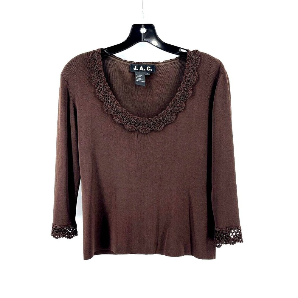 J.A.C. Women's Brown Long Sleeve Crochet Collar Cuffs Shirt Top Size Large